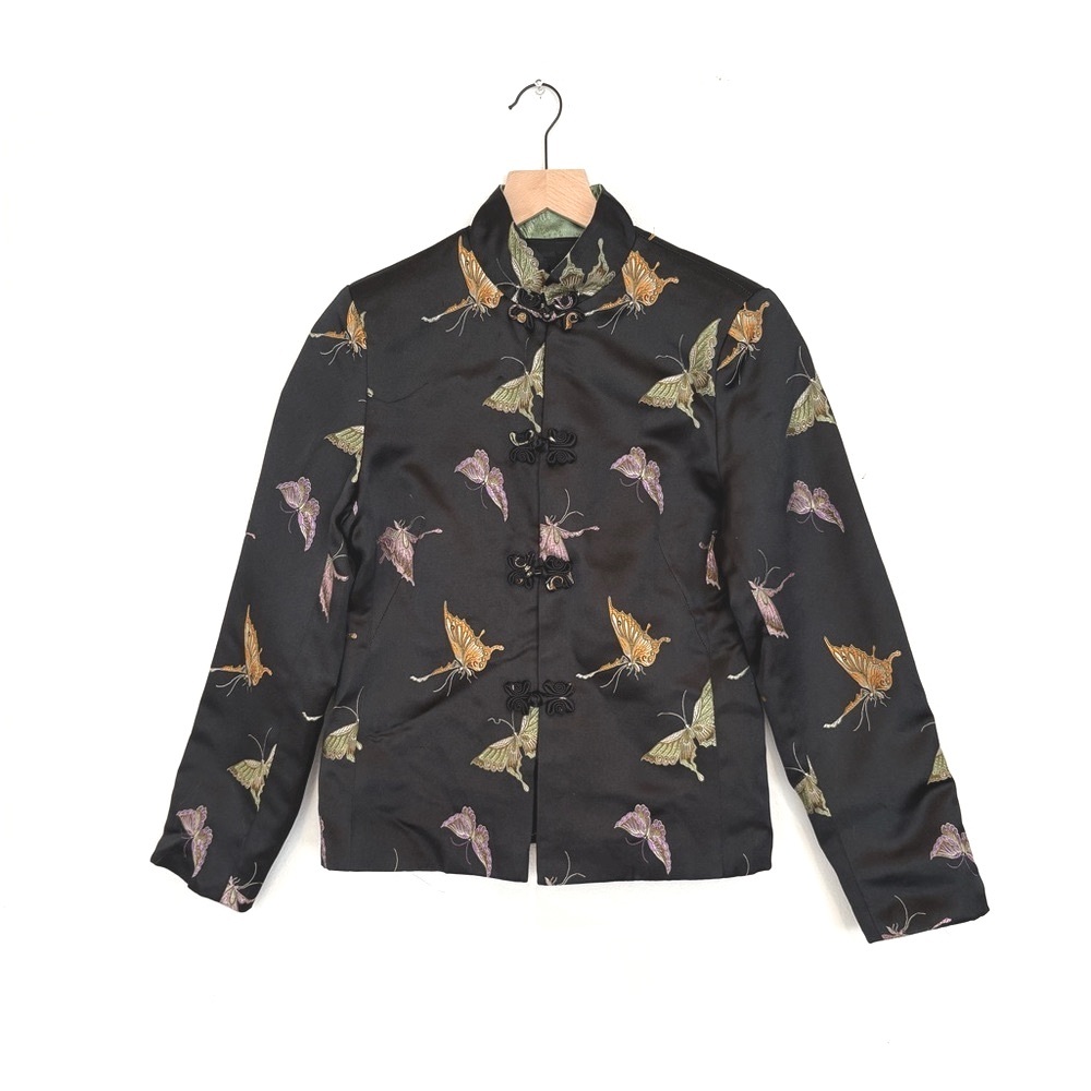vtg kaleidoscope of butterflies silk jacket - embroidered chinese frog coat - M